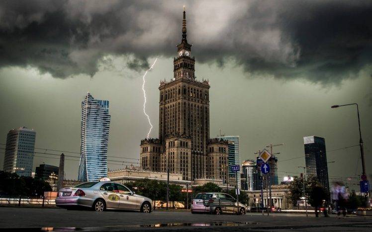 city, Cityscape, Clouds, Lightning, Building, Architecture, Car, Clock Towers, Warsaw, Poland HD Wallpaper Desktop Background
