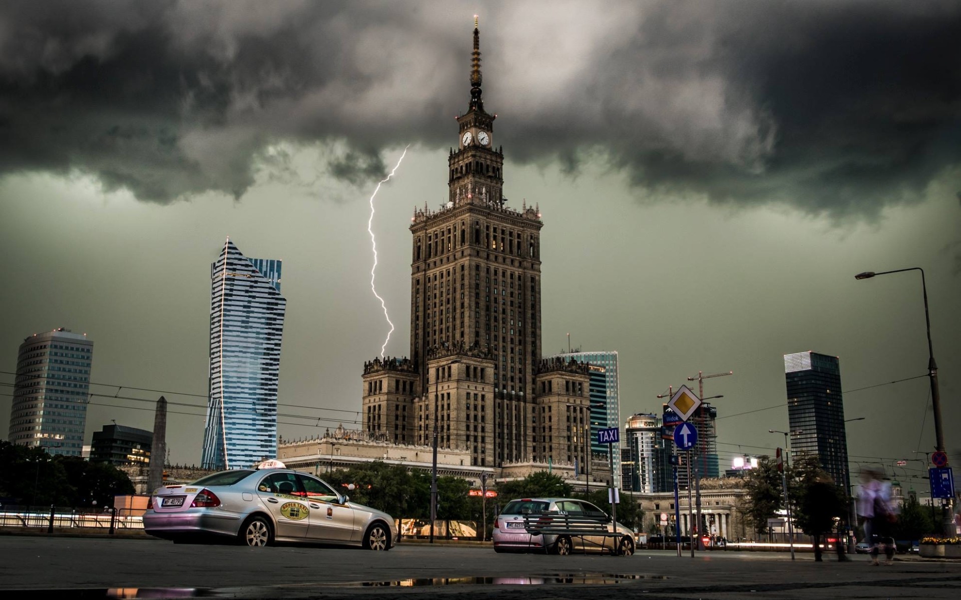 city, Cityscape, Clouds, Lightning, Building, Architecture, Car, Clock Towers, Warsaw, Poland Wallpaper