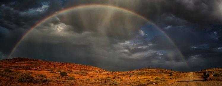 landscape, Nature, Africa, Namibia, Rainbows, Steppe, Dirt Road, Clouds, Rain, 4×4, Shrubs HD Wallpaper Desktop Background