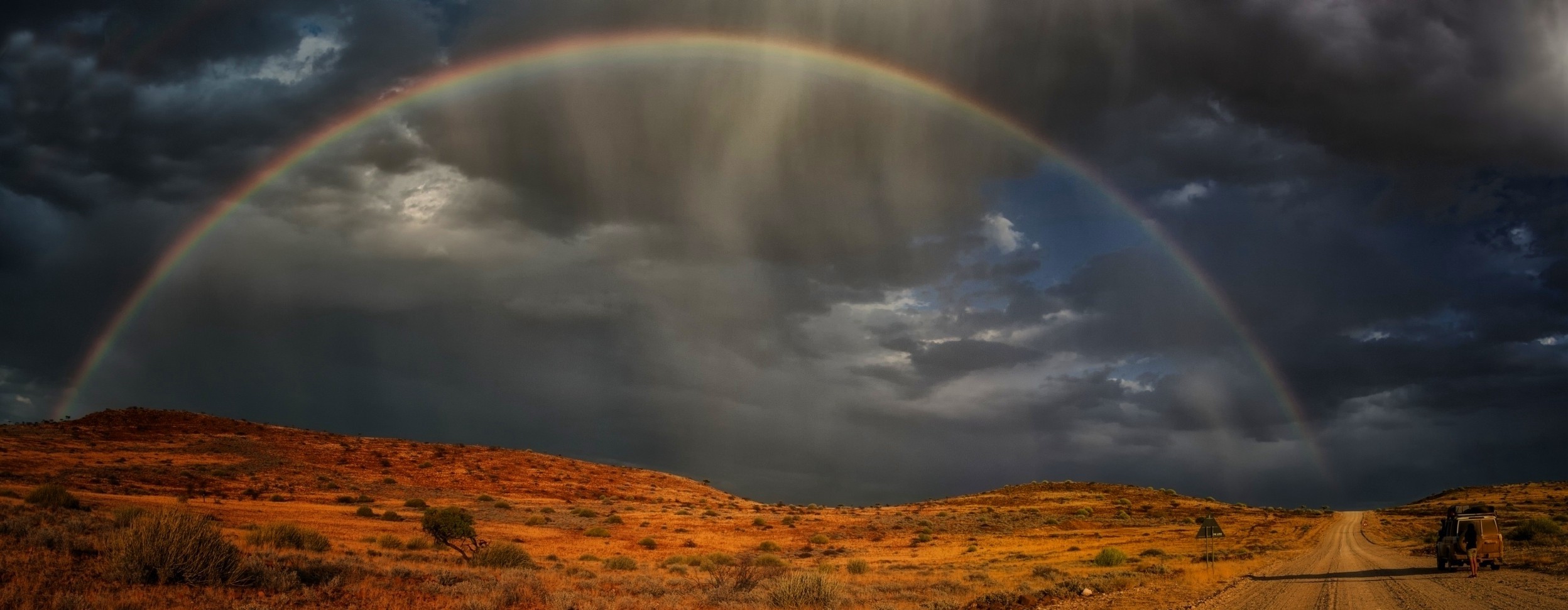 landscape, Nature, Africa, Namibia, Rainbows, Steppe, Dirt Road, Clouds, Rain, 4x4, Shrubs Wallpaper