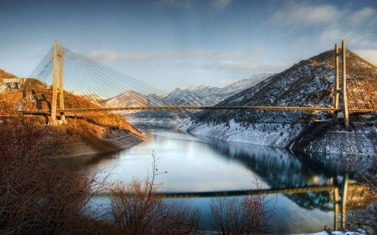 landscape, Nature, Bridge, Fall, Lake, Mountain, Snow, Sunset, Water, Architecture, Shrubs HD Wallpaper Desktop Background