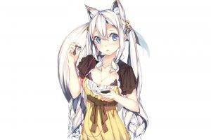 nekomimi, Cleavage, White Background, Blue Eyes, Animal Ears, White Hair, Original Characters, Long Hair, Bangs, Blushing