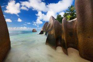 landscape, Nature, Beach, Rock, Clouds, Sea, Sand, Palm Trees, Coves, Seychelles, Island, Tropical, Summer