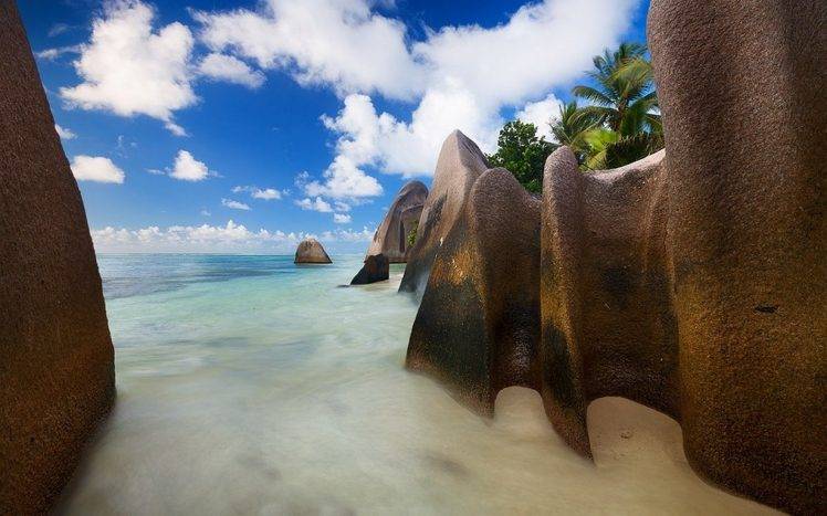 landscape, Nature, Beach, Rock, Clouds, Sea, Sand, Palm Trees, Coves, Seychelles, Island, Tropical, Summer HD Wallpaper Desktop Background