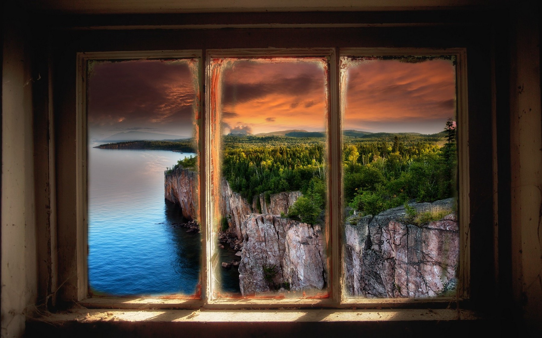 landscape, Nature, Window, Lake, Sunset, Cliff, Clouds, Forest, Colorful Wallpaper