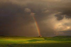 landscape, Nature, Rainbows, Clouds, House, Field, Hill, Grass, Green