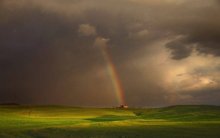 landscape, Nature, Rainbows, Clouds, House, Field, Hill, Grass, Green HD Wallpaper Desktop Background