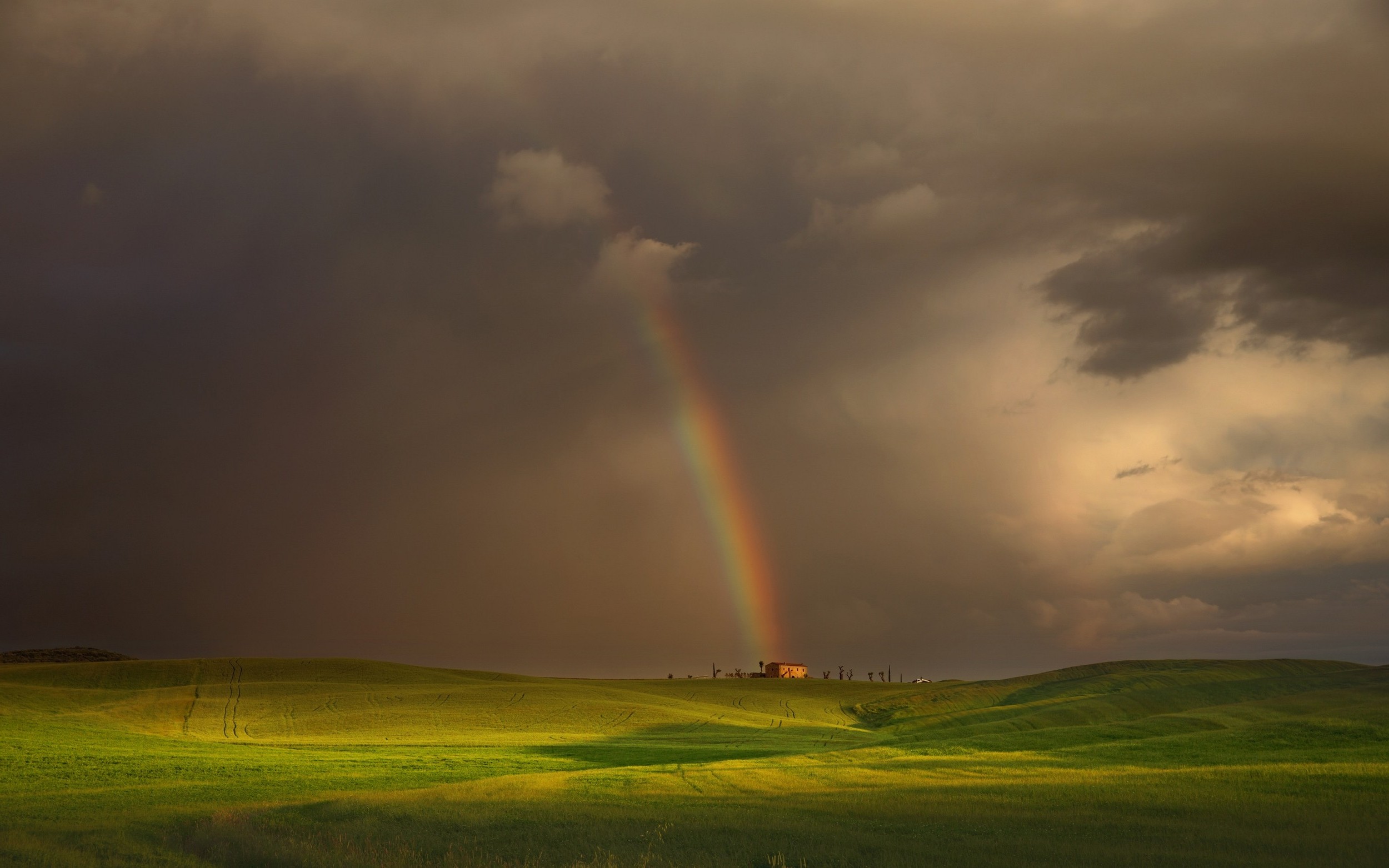landscape, Nature, Rainbows, Clouds, House, Field, Hill, Grass, Green Wallpaper