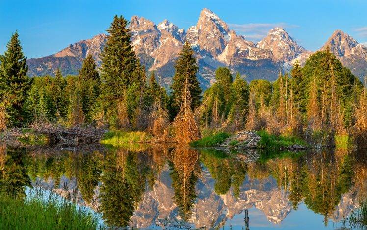 nature, Mountain, Lake, Forest, Reflection, Sunset, Landscape, Trees, Water, Snowy Peak HD Wallpaper Desktop Background