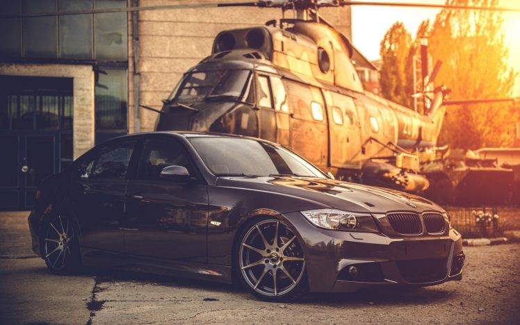 car, Sunset, Helicopters, Bmw Serie 3 HD Wallpaper Desktop Background