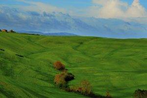 nature, Landscape, Clouds, Hill, Italy, Tuscany, Grass, Field, Trees, House, Green