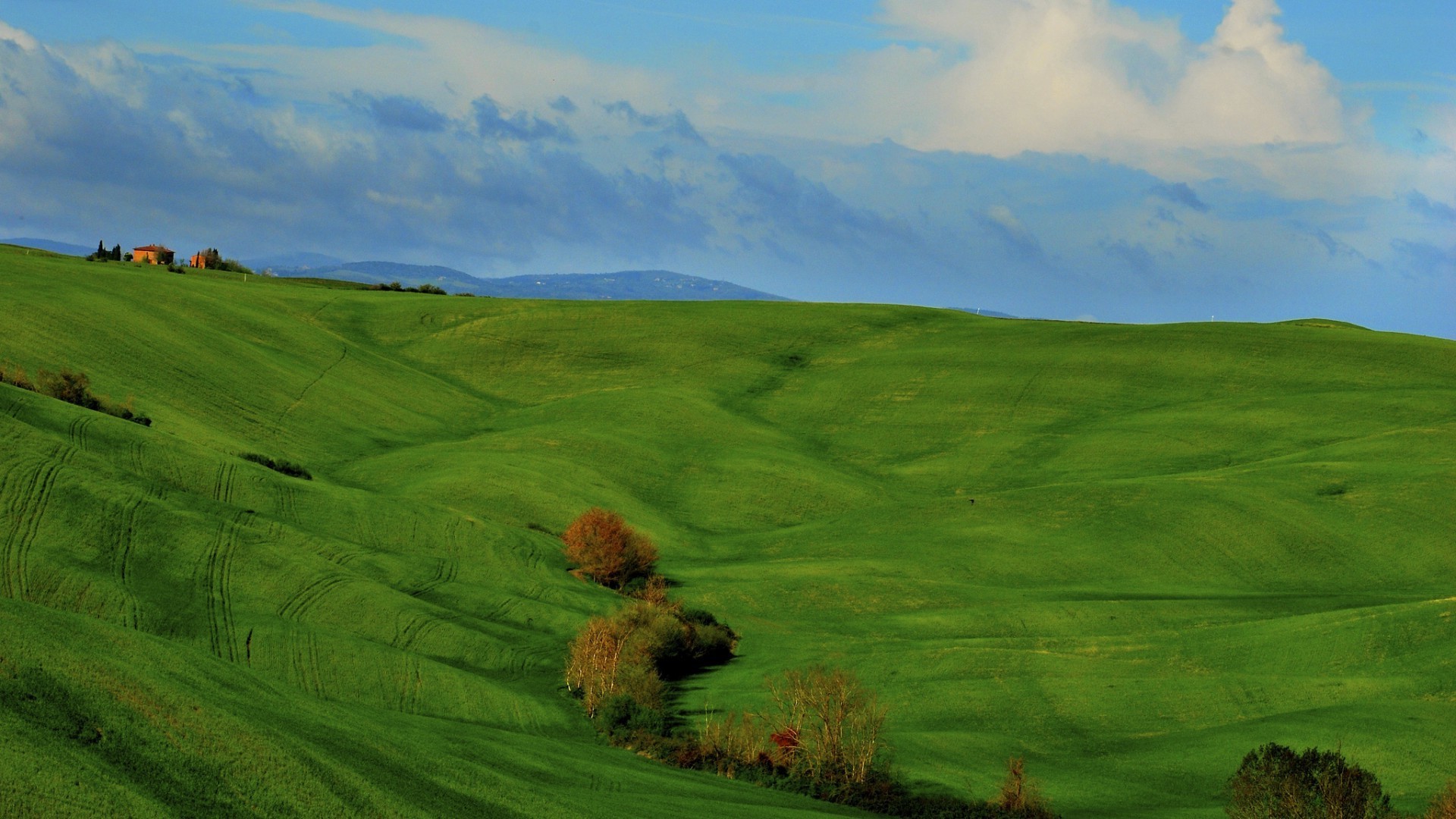 nature, Landscape, Clouds, Hill, Italy, Tuscany, Grass, Field, Trees, House, Green Wallpaper