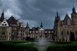 nature, Architecture, Landscape, Castle, Poland, Clouds, Grass, Old Building, Tower, Park, Water, Fountain, Arch, Loneliness