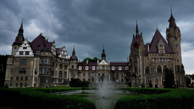 nature, Architecture, Landscape, Castle, Poland, Clouds, Grass, Old Building, Tower, Park, Water, Fountain, Arch, Loneliness HD Wallpaper Desktop Background
