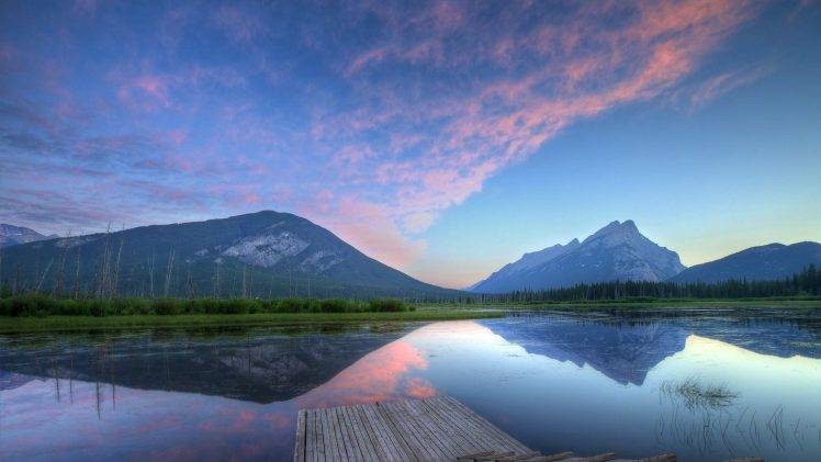 lake, Mountain, Reflection, Sky, Landscape, Nature, Pier, Evening HD Wallpaper Desktop Background