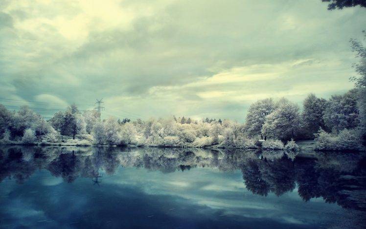 frost, Forest, Lake, Power Lines, Nature, Landscape HD Wallpaper Desktop Background