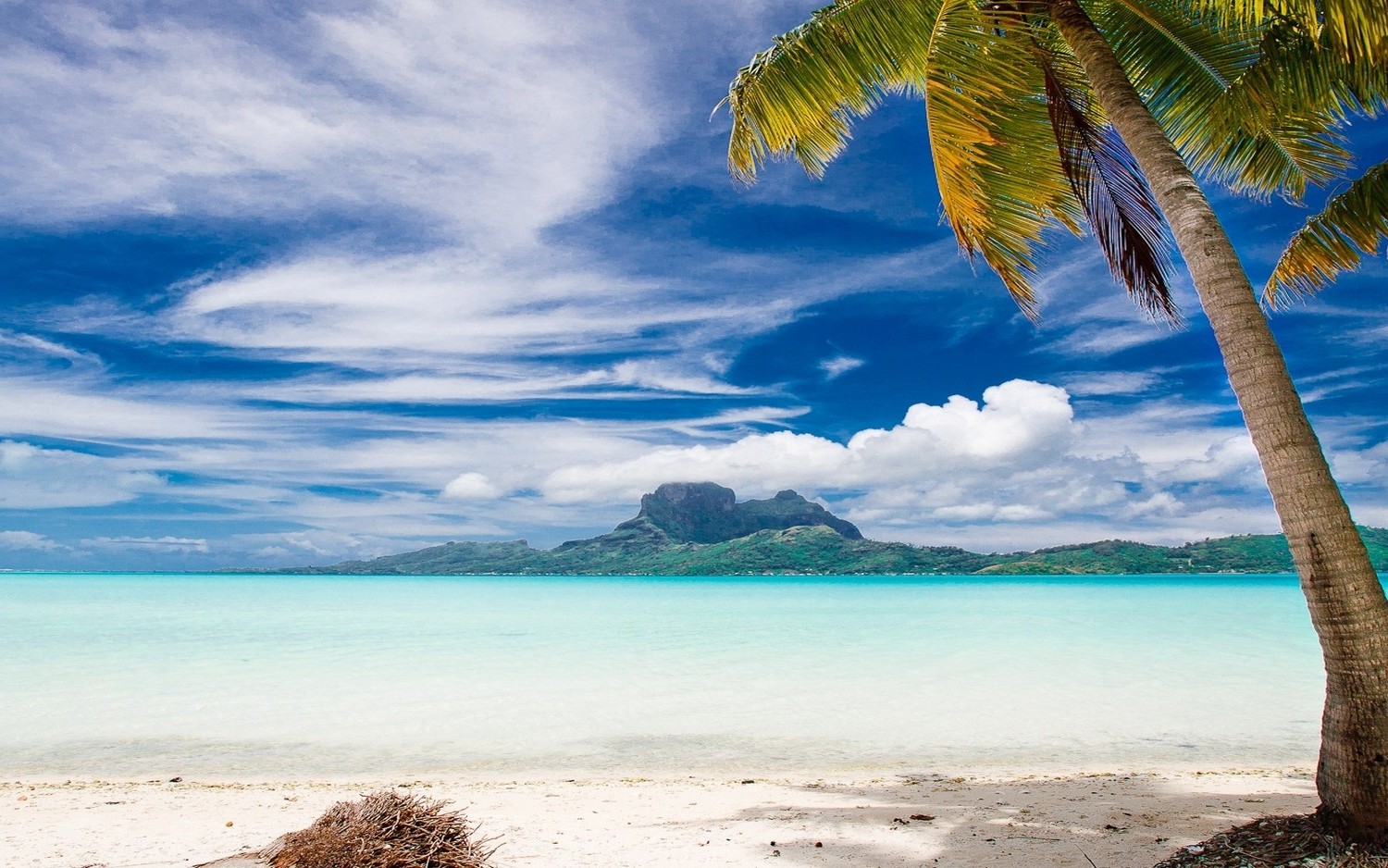 landscape, Nature, Bora Bora, Palm Trees, Beach, Sea, Tropical, Island, Summer, Mountain, Clouds, Sand, Vacations Wallpaper