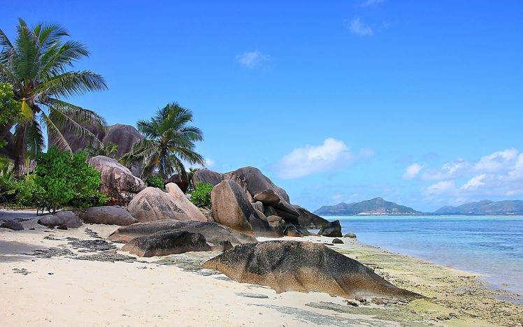 nature, Landscape, Seychelles, Island, Beach, Rock, Palm Trees, Sea, Sand, Mountain, Tropical, Summer, Clouds HD Wallpaper Desktop Background
