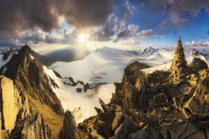 nature, Landscape, Panoramas, Sunset, Mountain, Clouds, Tyrol, Austria, Snow, Sun Rays, Snowy Peak, Summit