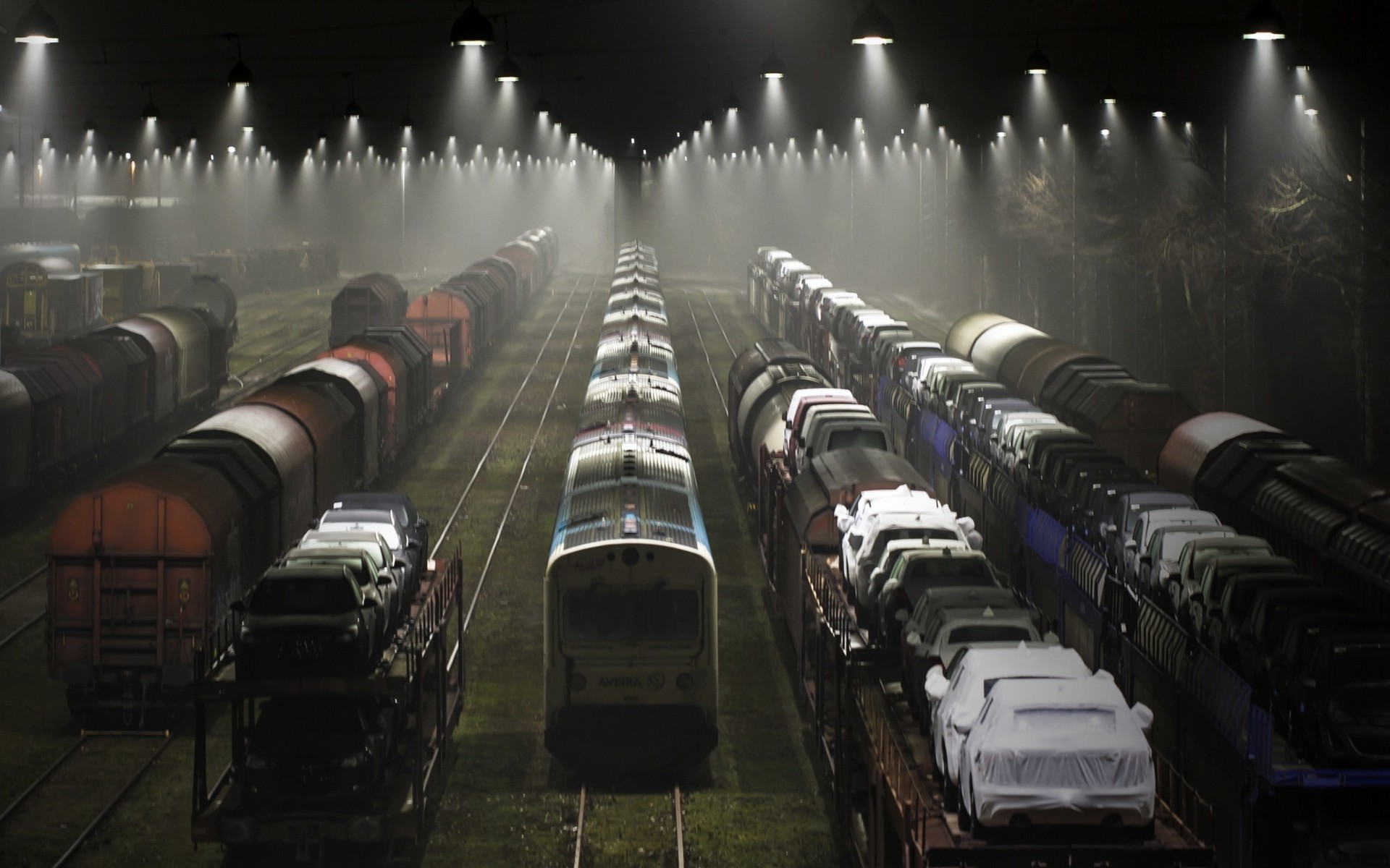 landscape, Railway, Lights, Mist, Denmark, Freight Train, Rail Yard Wallpaper