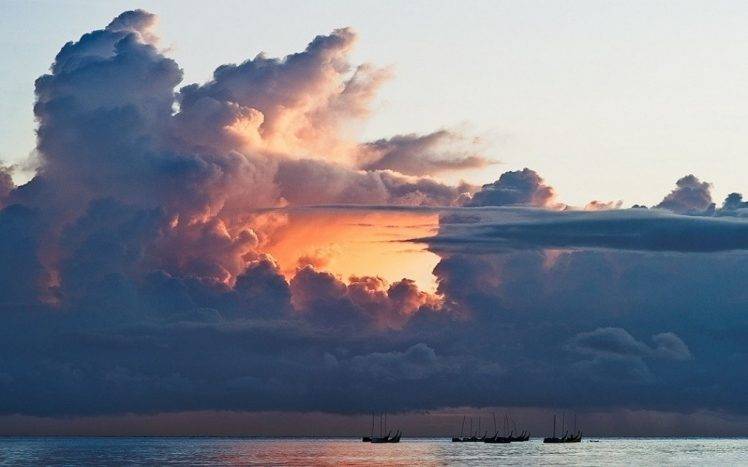 nature, Landscape, Boat, Clouds, Sunset, Sea, Tropical, Water HD Wallpaper Desktop Background