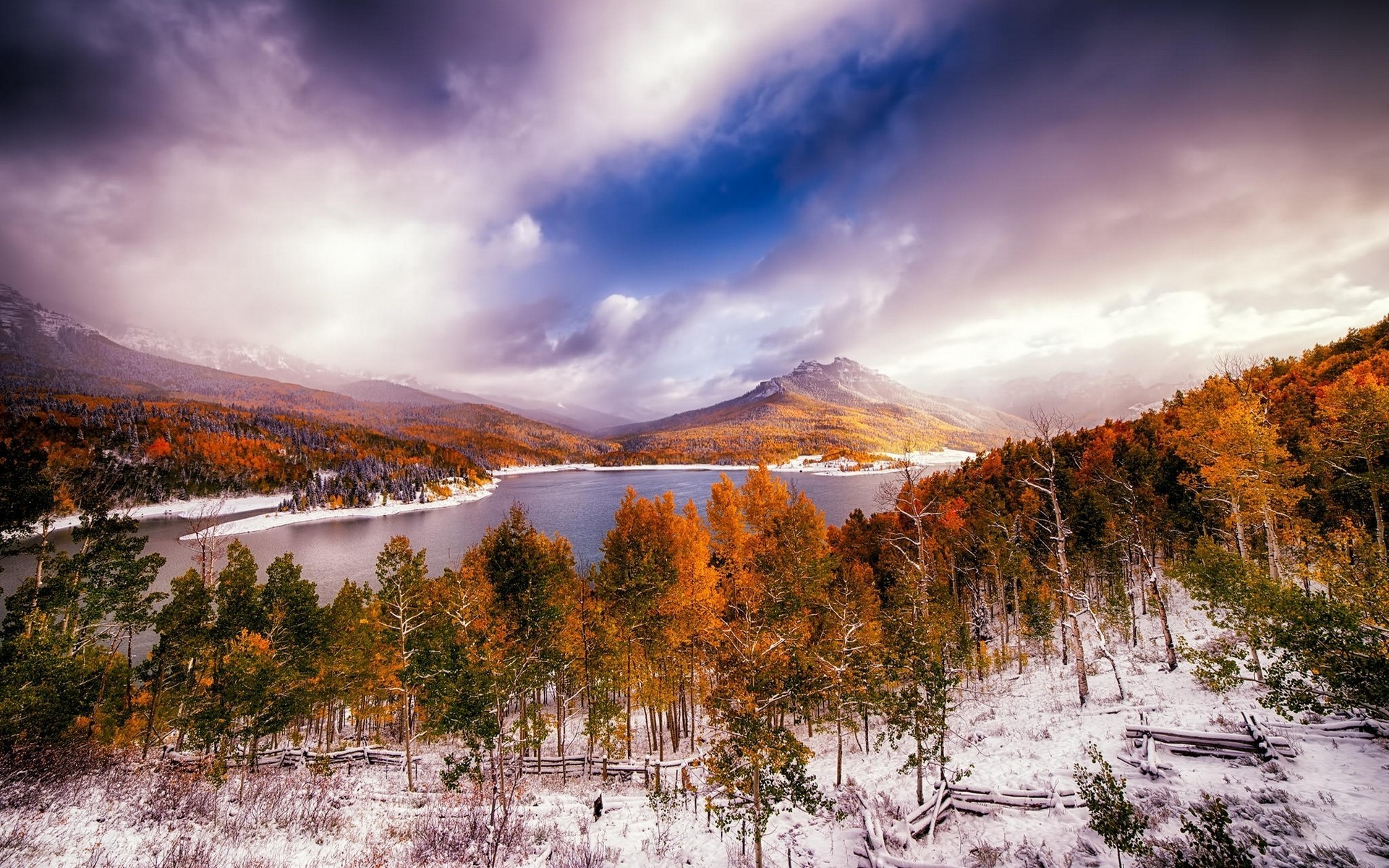 forest, Lake, Fall, Nature, Snow, Trees, Clouds, Landscape Wallpaper