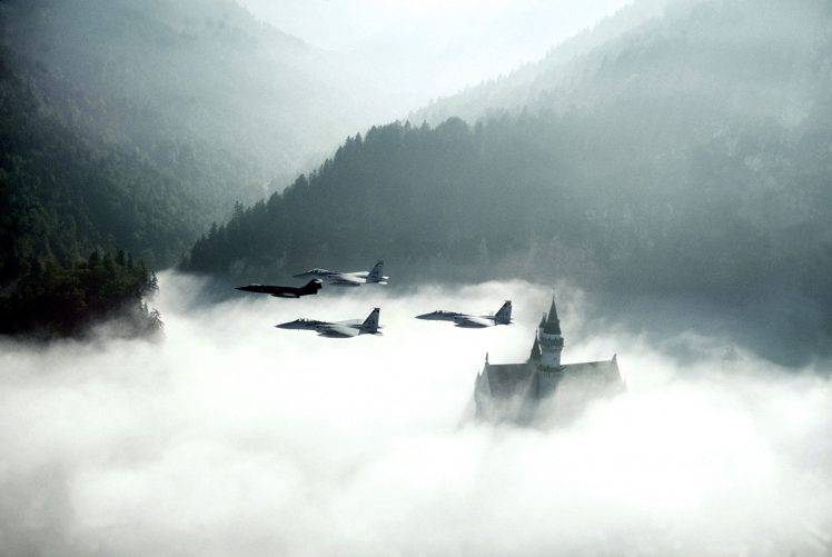 nature, Landscape, Airplane, Clouds, Castle, Jet Fighter, Neuschwanstein Castle, F15 Eagle HD Wallpaper Desktop Background