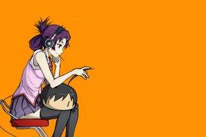 Monogatari Series, Senjougahara Hitagi, Orange Background, Simple Background, Anime, Anime Girls, Purple Hair