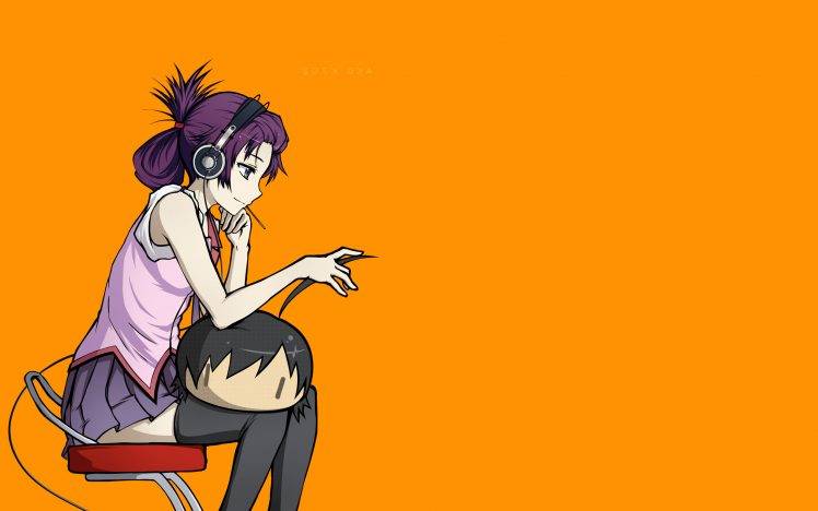 Monogatari Series, Senjougahara Hitagi, Orange Background, Simple Background, Anime, Anime Girls, Purple Hair HD Wallpaper Desktop Background