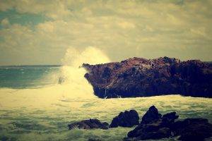 crash, Waves, Rock, Sea, Landscape, Overcast