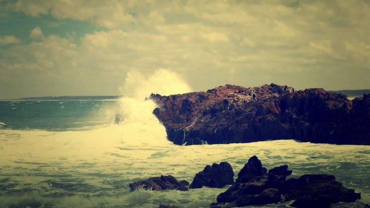 crash, Waves, Rock, Sea, Landscape, Overcast HD Wallpaper Desktop Background