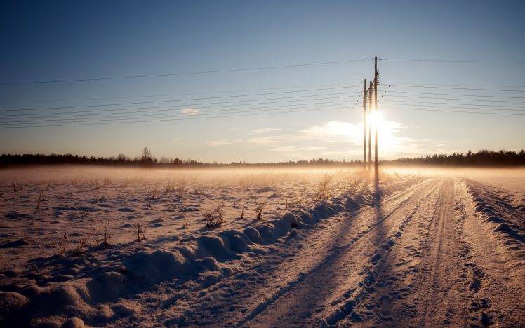 landscape, Nature, Snow, Power Lines, Sunlight, Field HD Wallpaper Desktop Background