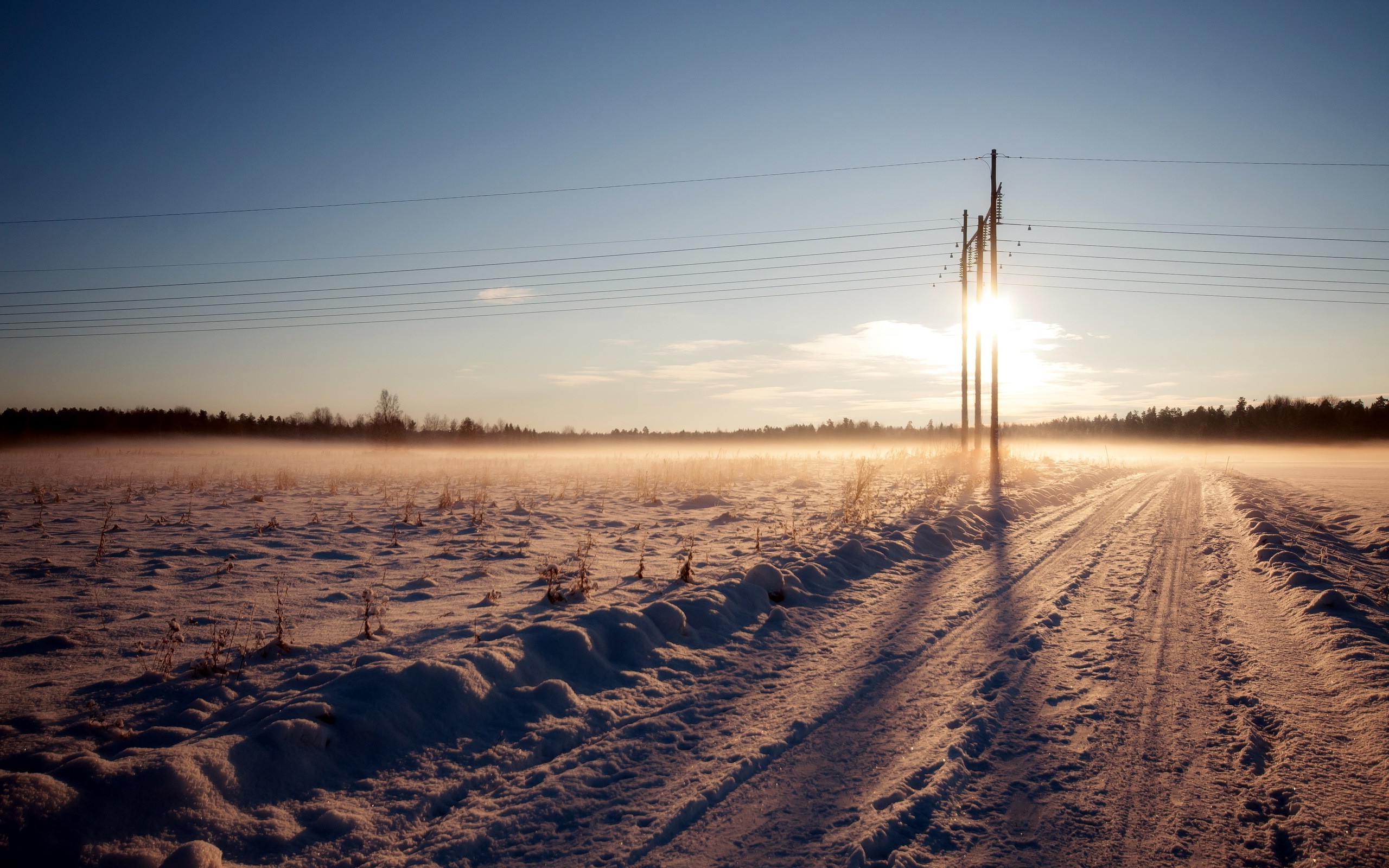 landscape, Nature, Snow, Power Lines, Sunlight, Field Wallpaper