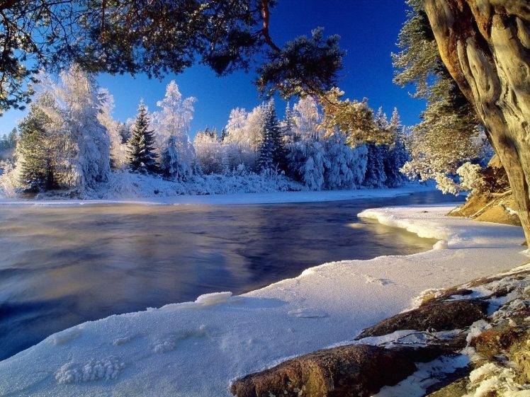 landscape, Nature, River, Ice, Snow, Trees HD Wallpaper Desktop Background