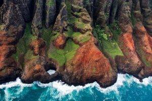 nature, Landscape, Kauai, Aerial View, Mountain, Island, Coast, Sea, Cliff, Grass, Rock