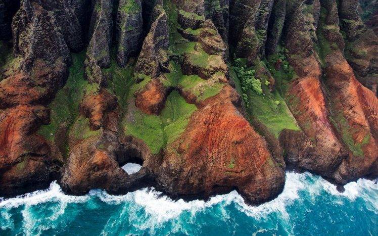 nature, Landscape, Kauai, Aerial View, Mountain, Island, Coast, Sea, Cliff, Grass, Rock HD Wallpaper Desktop Background