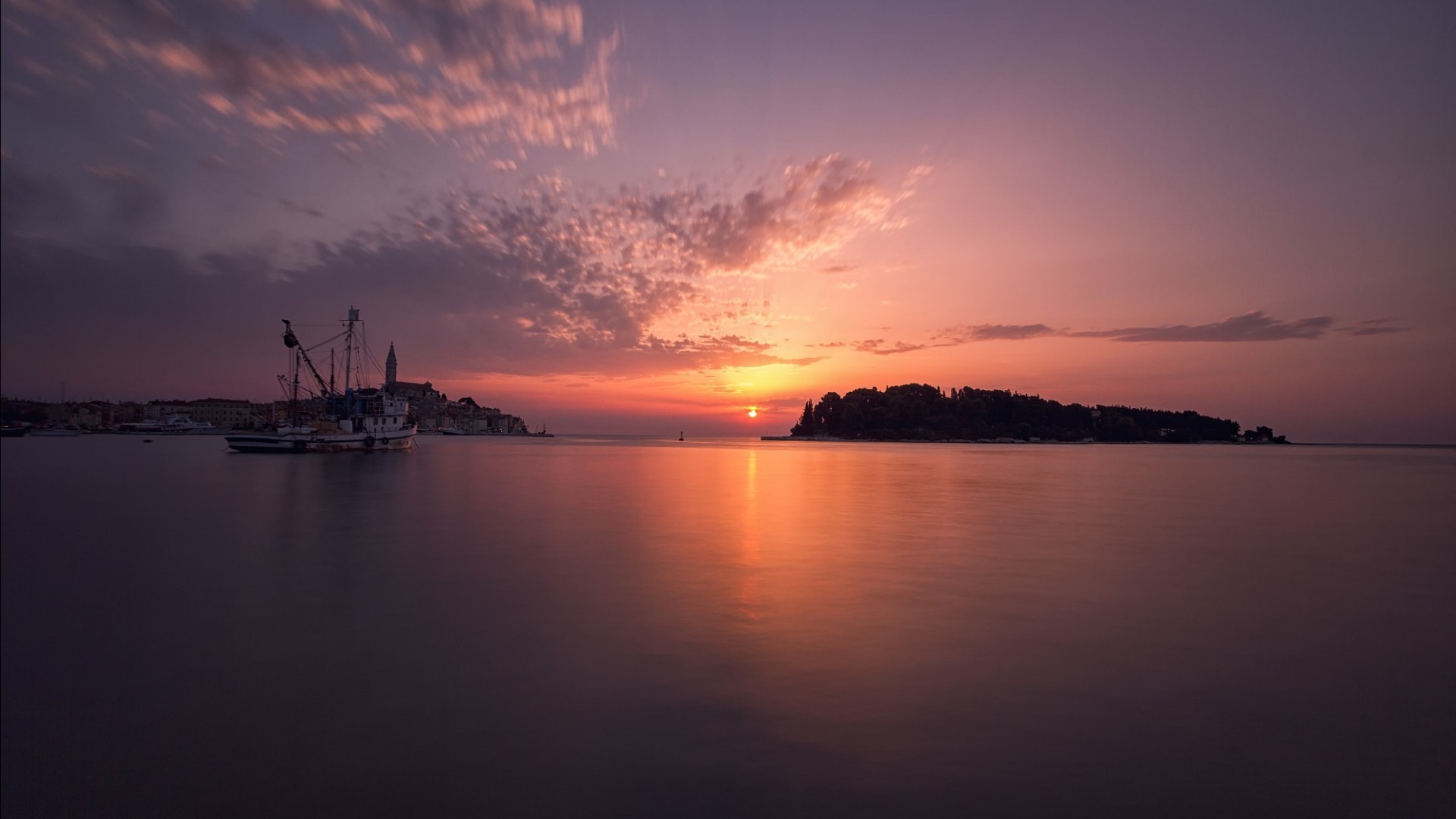 ship, Clouds, Water, Sea, Nature, Landscape, Sun, Sunset, Trees, Forest, Island, Building, House, Church, Yachts, Coast, Long Exposure, Reflection, Horizon Wallpaper
