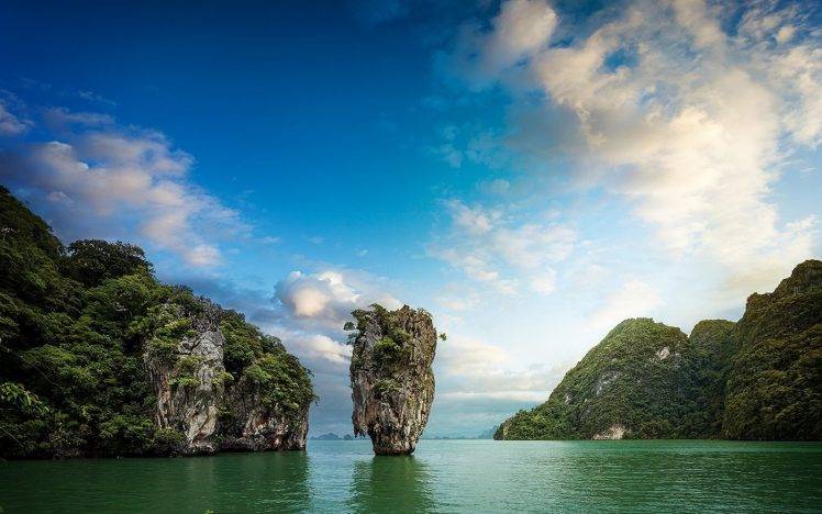 landscape, Nature, Sea, Island, Bay, Trees, Shrubs, Limestone, Rock, Tropical, Clouds, Thailand HD Wallpaper Desktop Background