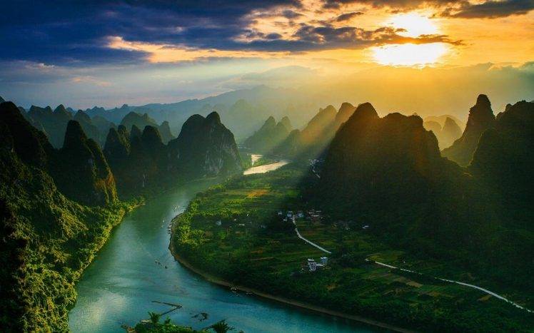 landscape, Nature, Mountain, River, Sun Rays, Clouds, Village, Mist, China, Sunset, Field HD Wallpaper Desktop Background