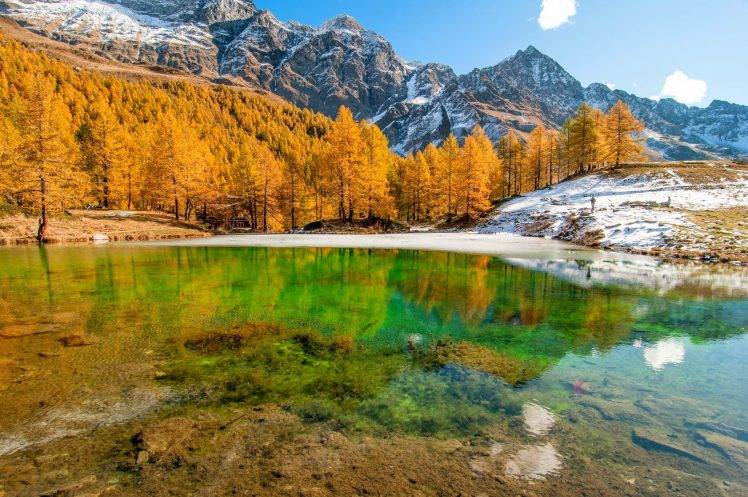 landscape, Nature, Lake, Mountain, Forest, Fall, Italy, Snow, Trees, Snowy Peak, Water, Gold, Green, Reflection HD Wallpaper Desktop Background