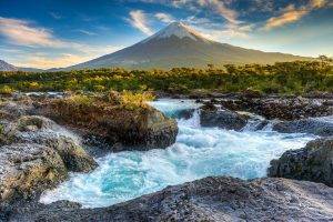 landscape, Nature, Sunset, Volcano, Snowy Peak, River, Trees, Clouds, Chile, Rapids, Mountain