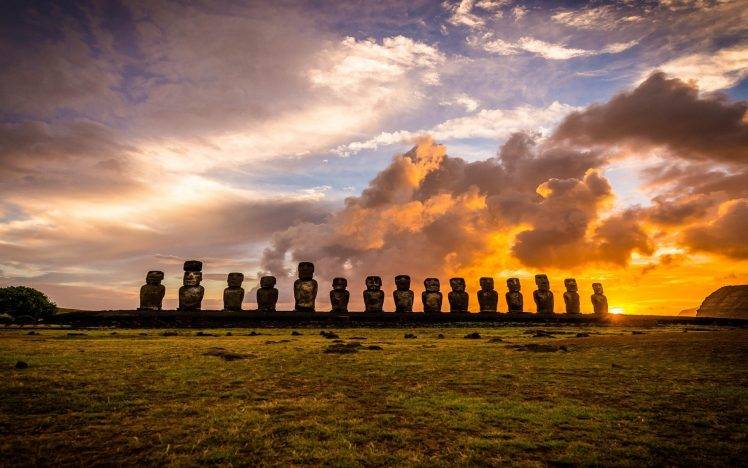 landscape, Nature, Sunrise, Rapa Nui, Island, Clouds, Chile, Moai, Statue, Enigma, Grass HD Wallpaper Desktop Background