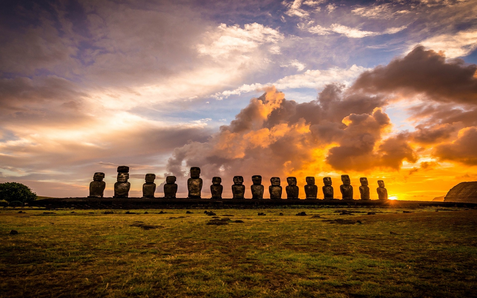 landscape, Nature, Sunrise, Rapa Nui, Island, Clouds, Chile, Moai, Statue, Enigma, Grass Wallpaper