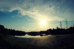nature, Lake, Sky, Clouds, Water, Wire, Lens Flare, Sunlight, Landscape, Power Lines, Utility Pole