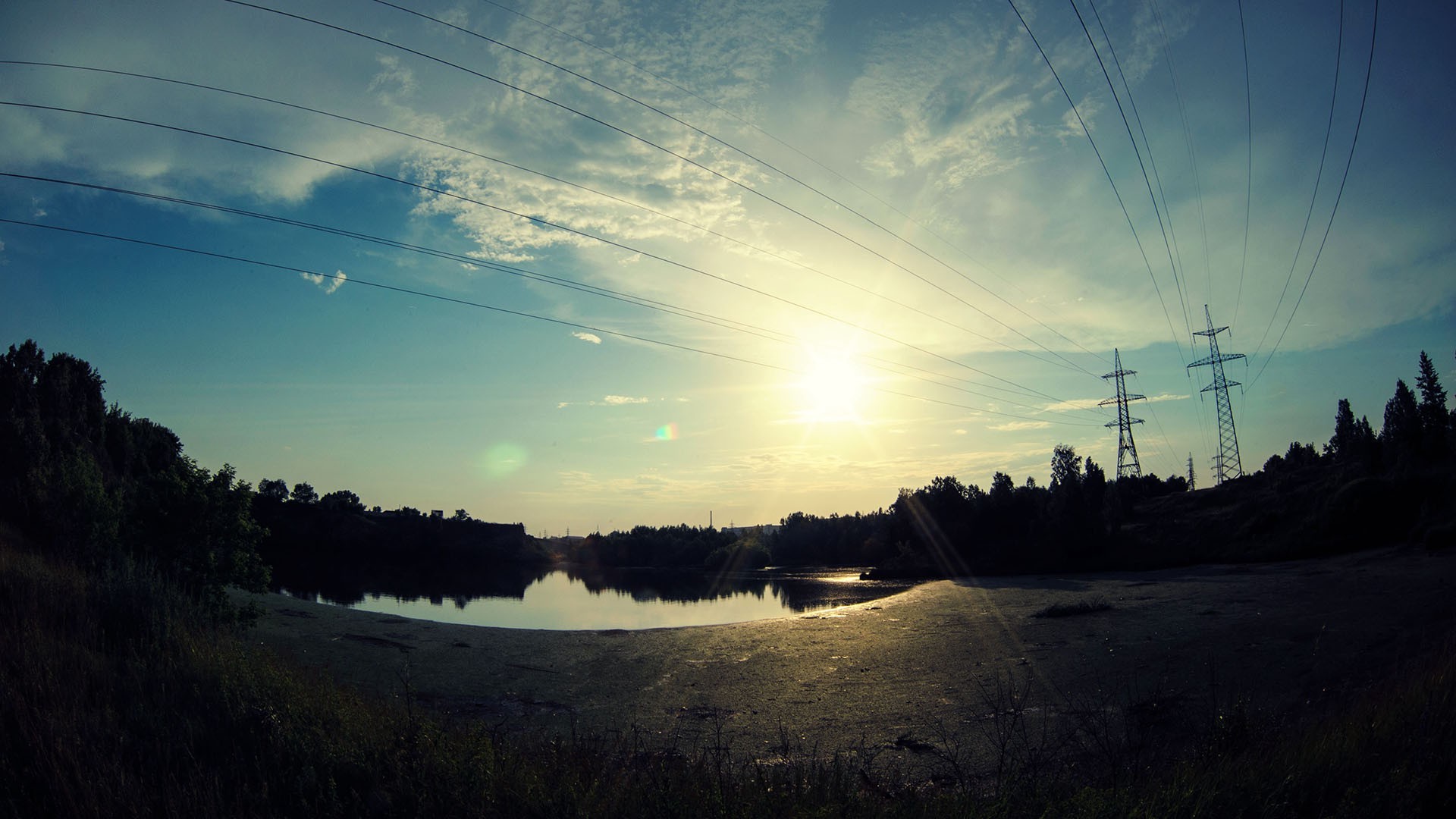nature, Lake, Sky, Clouds, Water, Wire, Lens Flare, Sunlight, Landscape, Power Lines, Utility Pole Wallpaper
