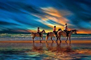nature, Landscape, Beach, Sunset, Sea, Clouds, Family, Horse, Sand, Water