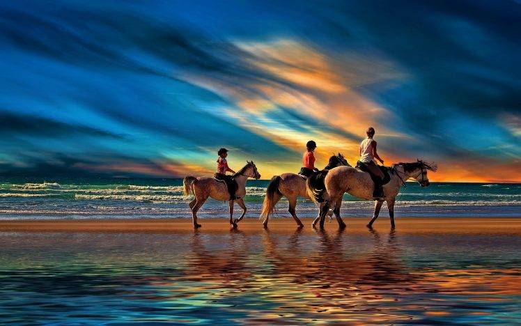 nature, Landscape, Beach, Sunset, Sea, Clouds, Family, Horse, Sand, Water HD Wallpaper Desktop Background