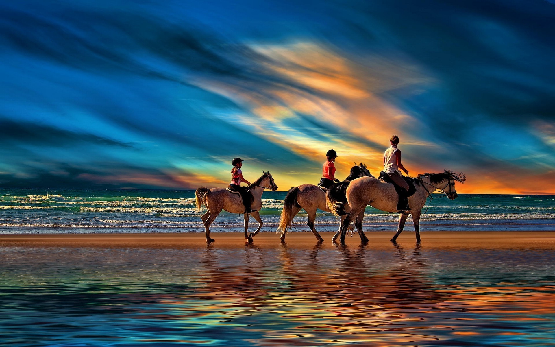 nature, Landscape, Beach, Sunset, Sea, Clouds, Family, Horse, Sand, Water Wallpaper