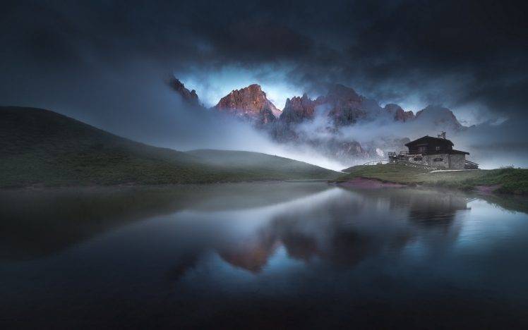 nature, Landscape, Mountain, Lake, Sunrise, Mist, Summer, Italy, Clouds, Cabin, Grass HD Wallpaper Desktop Background