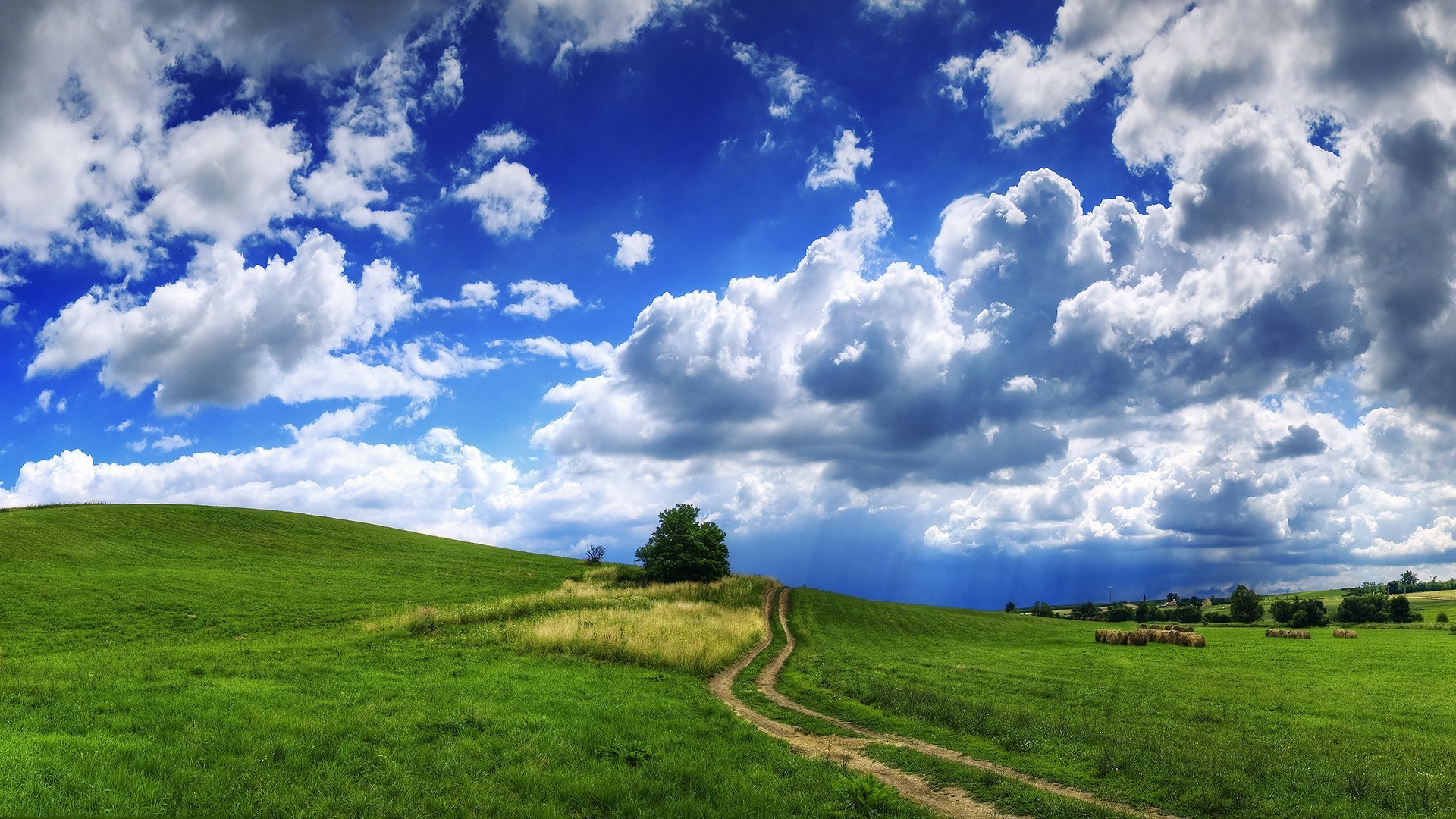 nature, Landscape, Field, Grass, Clouds, Trees, Path, Straw, Hill, Summer Wallpaper